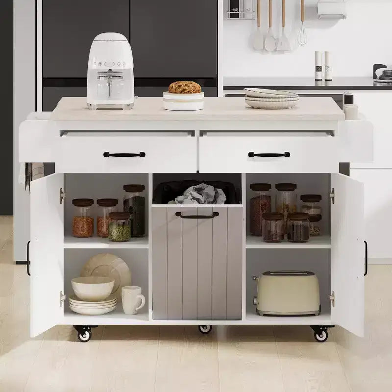 Chariot d'îlot de cuisine sumyeg avec rangement pour poubelle, abattant, porte-épices, porte-serviettes et tiroir, desserte roulante avec étagère réglable pour la cuisine