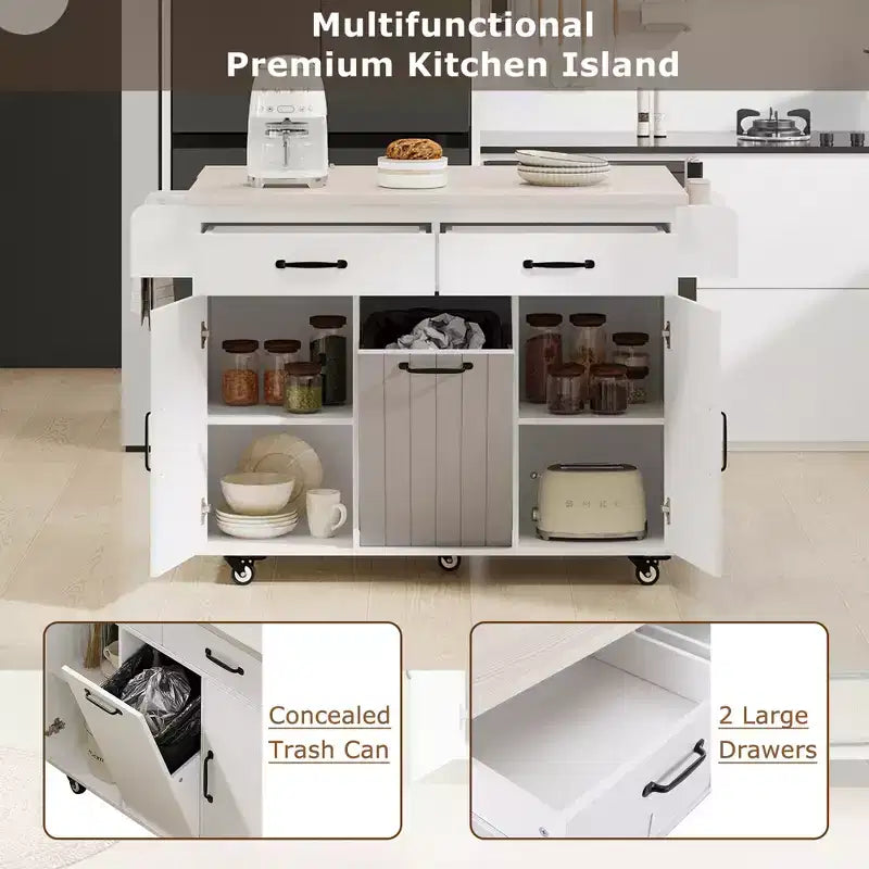 Chariot d'îlot de cuisine sumyeg avec rangement pour poubelle, abattant, porte-épices, porte-serviettes et tiroir, desserte roulante avec étagère réglable pour la cuisine