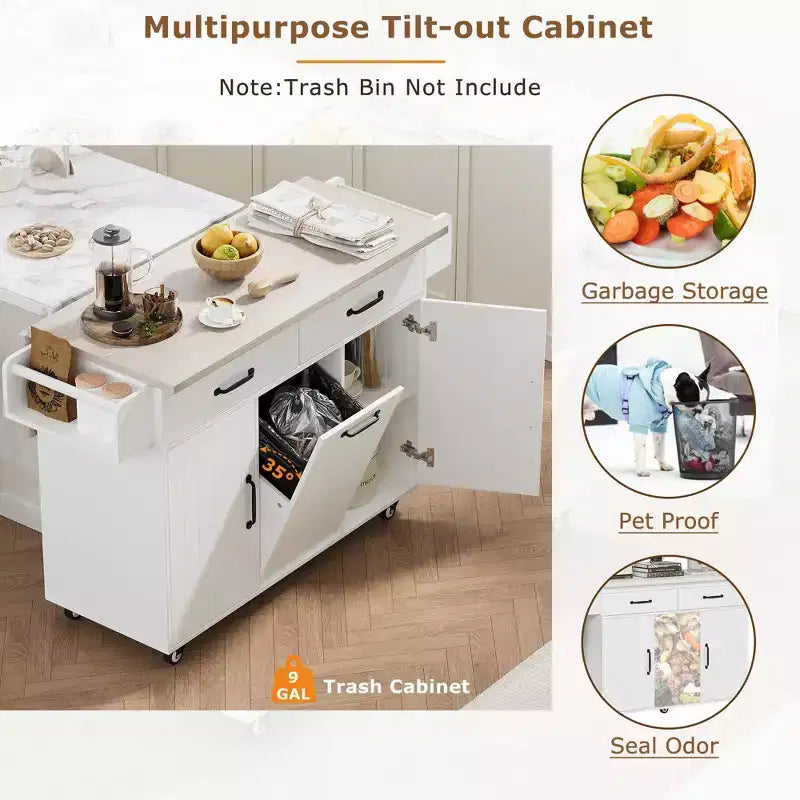 Chariot d'îlot de cuisine sumyeg avec rangement pour poubelle, abattant, porte-épices, porte-serviettes et tiroir, desserte roulante avec étagère réglable pour la cuisine
