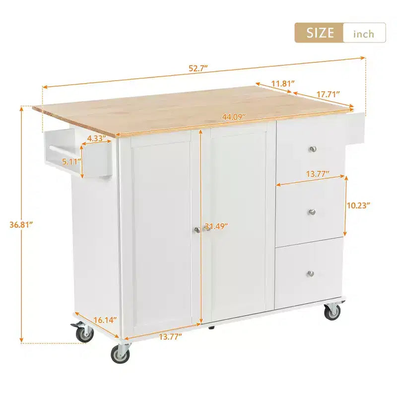 sumyeg Îlot de cuisine roulant avec plateau en bois massif, abattant, roulettes verrouillables, armoire de rangement, étagère à épices, porte-serviettes et tiroir, 133,9 cm