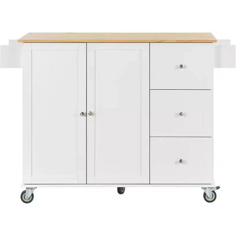sumyeg Îlot de cuisine roulant avec plateau en bois massif, abattant, roulettes verrouillables, armoire de rangement, étagère à épices, porte-serviettes et tiroir, 133,9 cm