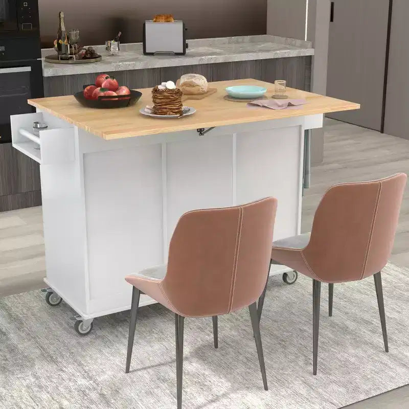 sumyeg Îlot de cuisine roulant avec plateau en bois massif, abattant, roulettes verrouillables, armoire de rangement, étagère à épices, porte-serviettes et tiroir, 133,9 cm