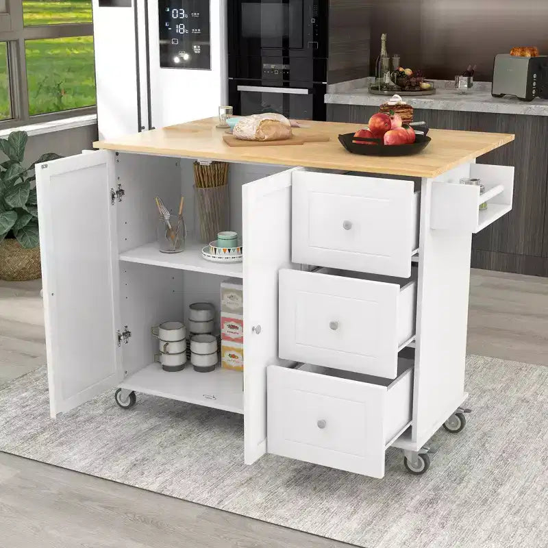 sumyeg Îlot de cuisine roulant avec plateau en bois massif, abattant, roulettes verrouillables, armoire de rangement, étagère à épices, porte-serviettes et tiroir, 133,9 cm