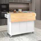 sumyeg Îlot de cuisine roulant avec plateau en bois massif, abattant, roulettes verrouillables, armoire de rangement, étagère à épices, porte-serviettes et tiroir, 133,9 cm