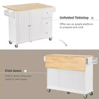 sumyeg Îlot de cuisine roulant avec plateau en bois massif, abattant, roulettes verrouillables, armoire de rangement, étagère à épices, porte-serviettes et tiroir, 133,9 cm