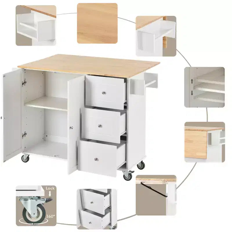 sumyeg Îlot de cuisine roulant avec plateau en bois massif, abattant, roulettes verrouillables, armoire de rangement, étagère à épices, porte-serviettes et tiroir, 133,9 cm