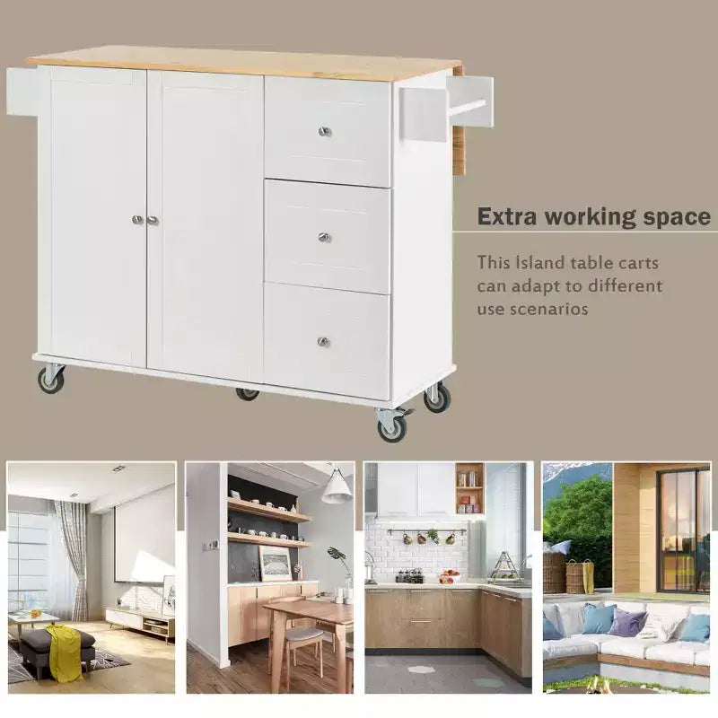 sumyeg Îlot de cuisine roulant avec plateau en bois massif, abattant, roulettes verrouillables, armoire de rangement, étagère à épices, porte-serviettes et tiroir, 133,9 cm
