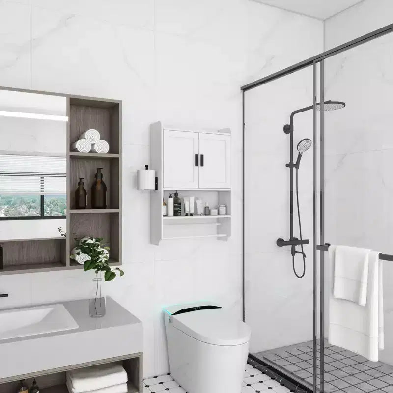 Meuble Mural de Salle de Bain sumyeg avec Portes, Étagère Réglable, Porte-Serviettes et Porte-Papier