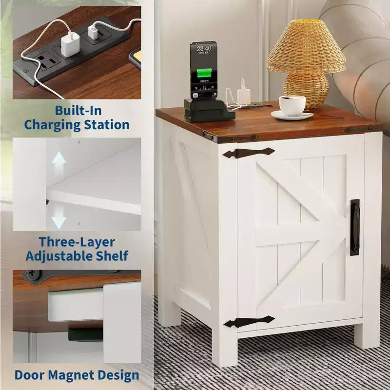 Lot de 2 tables de chevet de style ferme avec station de recharge, tables de chevet en bois de 18 pouces avec porte coulissante de style grange, tables d'appoint modernes à 2 niveaux pour chambre à coucher.