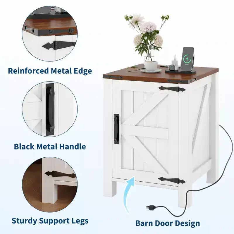 Lot de 2 tables de chevet de style ferme avec station de recharge, tables de chevet en bois de 18 pouces avec porte coulissante de style grange, tables d'appoint modernes à 2 niveaux pour chambre à coucher.