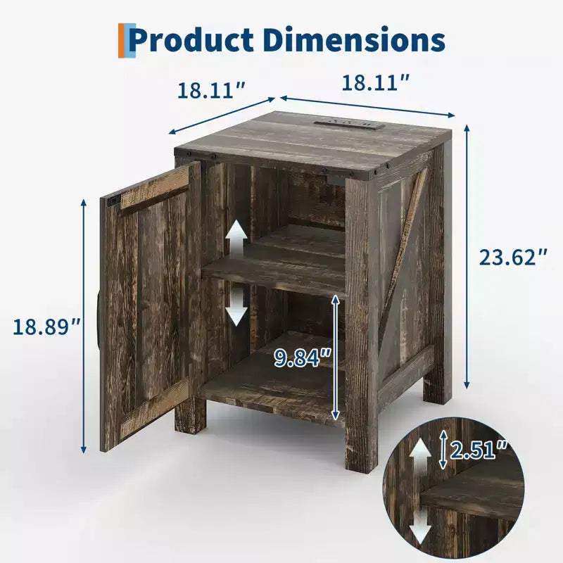 Lot de 2 tables de chevet de style ferme avec station de recharge, tables de chevet en bois de 18 pouces avec porte coulissante de style grange, tables d'appoint modernes à 2 niveaux pour chambre à coucher.