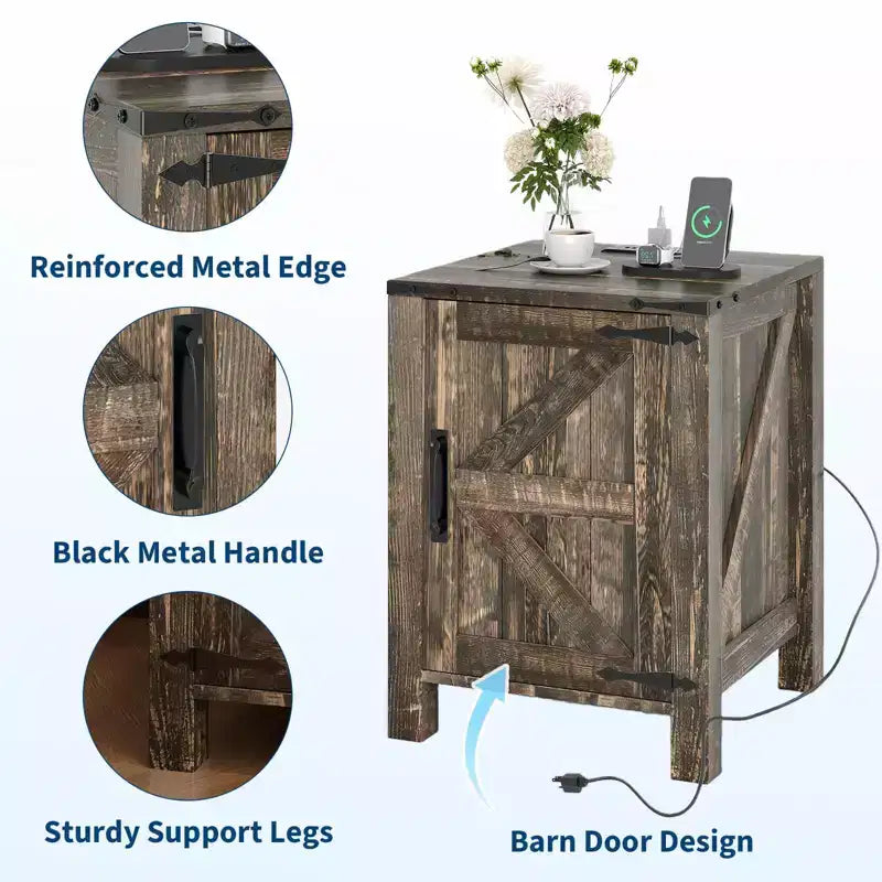 Lot de 2 tables de chevet de style ferme avec station de recharge, tables de chevet en bois de 18 pouces avec porte coulissante de style grange, tables d'appoint modernes à 2 niveaux pour chambre à coucher.