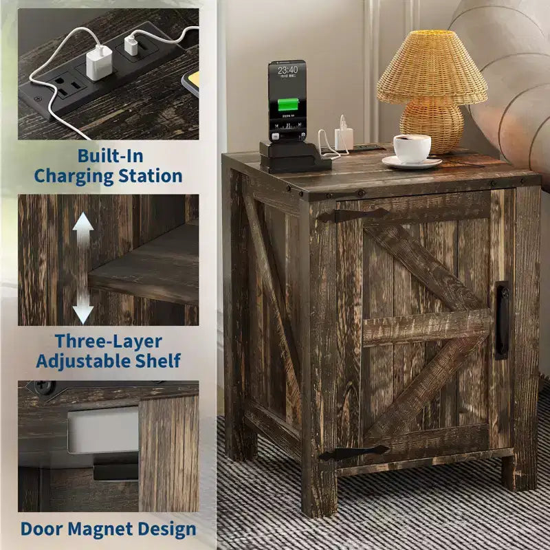 Lot de 2 tables de chevet de style ferme avec station de recharge, tables de chevet en bois de 18 pouces avec porte coulissante de style grange, tables d'appoint modernes à 2 niveaux pour chambre à coucher.