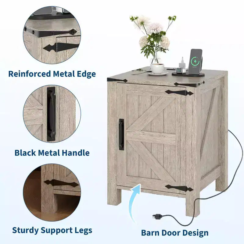Lot de 2 tables de chevet de style ferme avec station de recharge, tables de chevet en bois de 18 pouces avec porte coulissante de style grange, tables d'appoint modernes à 2 niveaux pour chambre à coucher.
