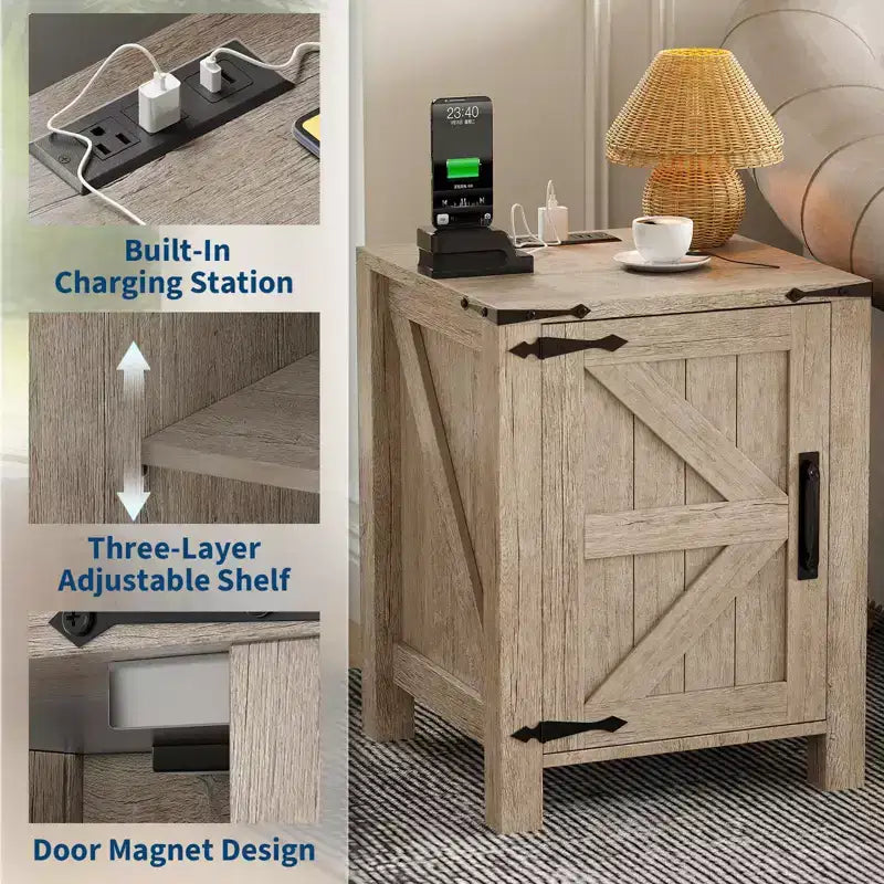 Lot de 2 tables de chevet de style ferme avec station de recharge, tables de chevet en bois de 18 pouces avec porte coulissante de style grange, tables d'appoint modernes à 2 niveaux pour chambre à coucher.