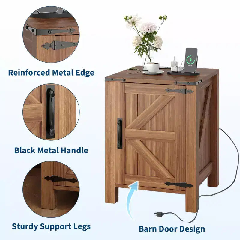 Lot de 2 tables de chevet de style ferme avec station de recharge, tables de chevet en bois de 18 pouces avec porte coulissante de style grange, tables d'appoint modernes à 2 niveaux pour chambre à coucher.