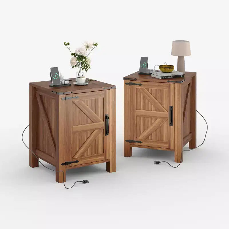 Set of 2 Farmhouse Nightstands with Charging Station, 18 Wooden Bedside Tables with Sliding Barn Door,Modern 2-Tier End Tables for Bedroom