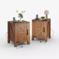 Set of 2 Farmhouse Nightstands with Charging Station, 18 Wooden Bedside Tables with Sliding Barn Door,Modern 2-Tier End Tables for Bedroom