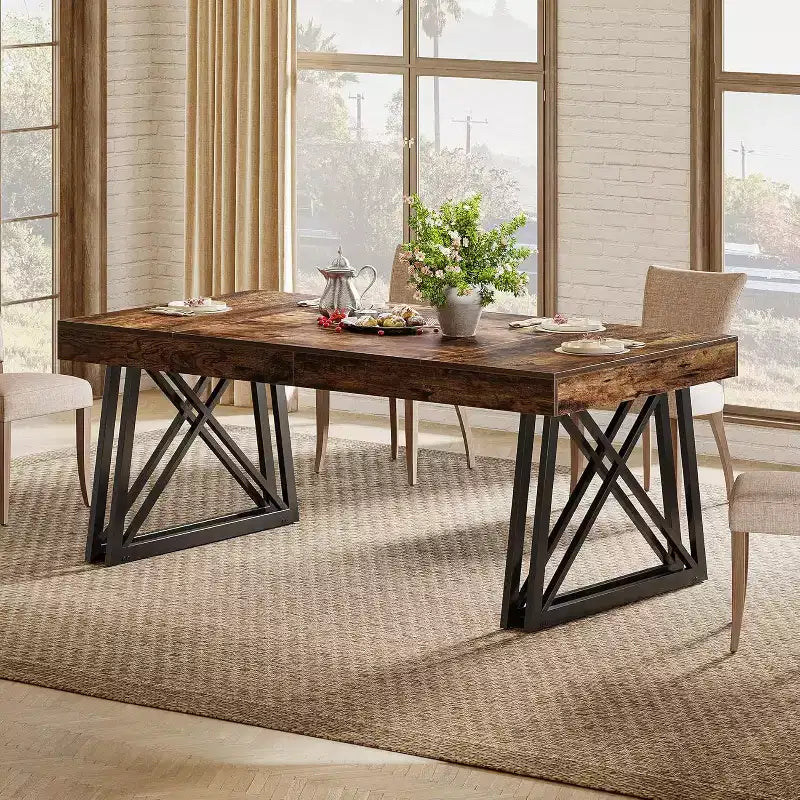 Table de salle à manger Lantine de 63 pouces pour 4 à 6 personnes, table de cuisine de style campagnard avec pieds en métal robustes pour salon, marron et noir vintage