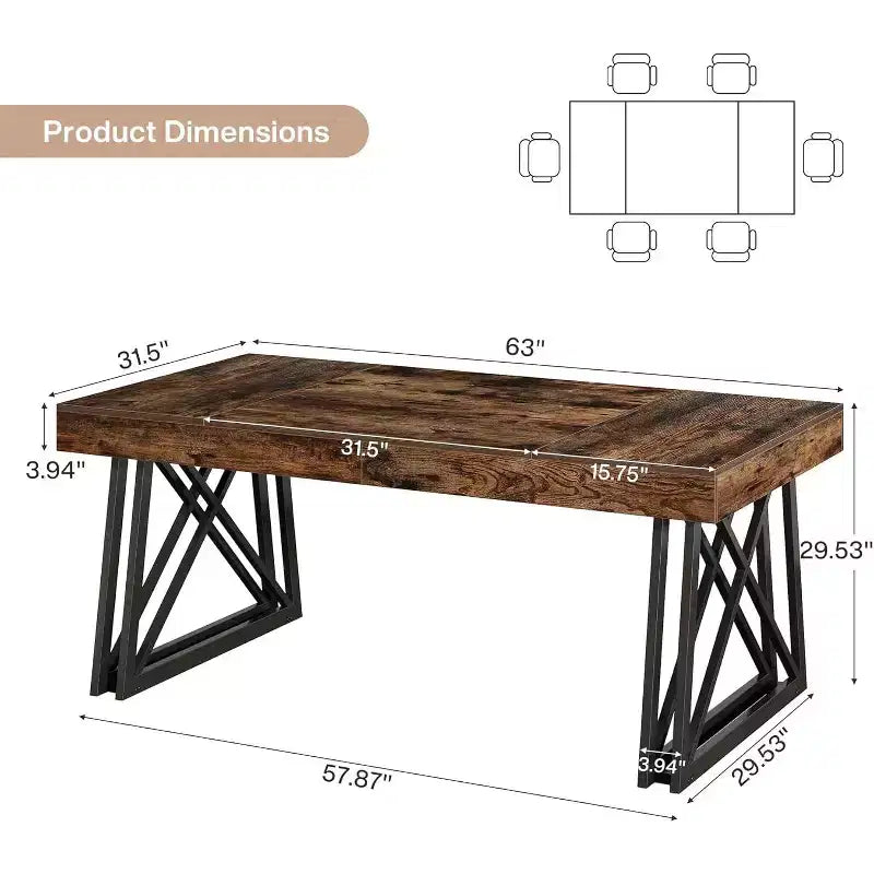 Table de salle à manger Lantine de 63 pouces pour 4 à 6 personnes, table de cuisine de style campagnard avec pieds en métal robustes pour salon, marron et noir vintage