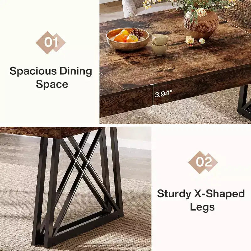 Table de salle à manger Lantine de 63 pouces pour 4 à 6 personnes, table de cuisine de style campagnard avec pieds en métal robustes pour salon, marron et noir vintage