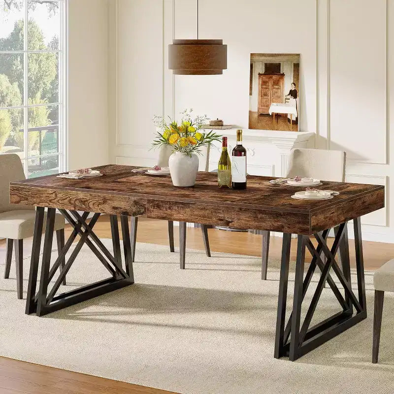 Table de salle à manger Lantine de 63 pouces pour 4 à 6 personnes, table de cuisine de style campagnard avec pieds en métal robustes pour salon, marron et noir vintage