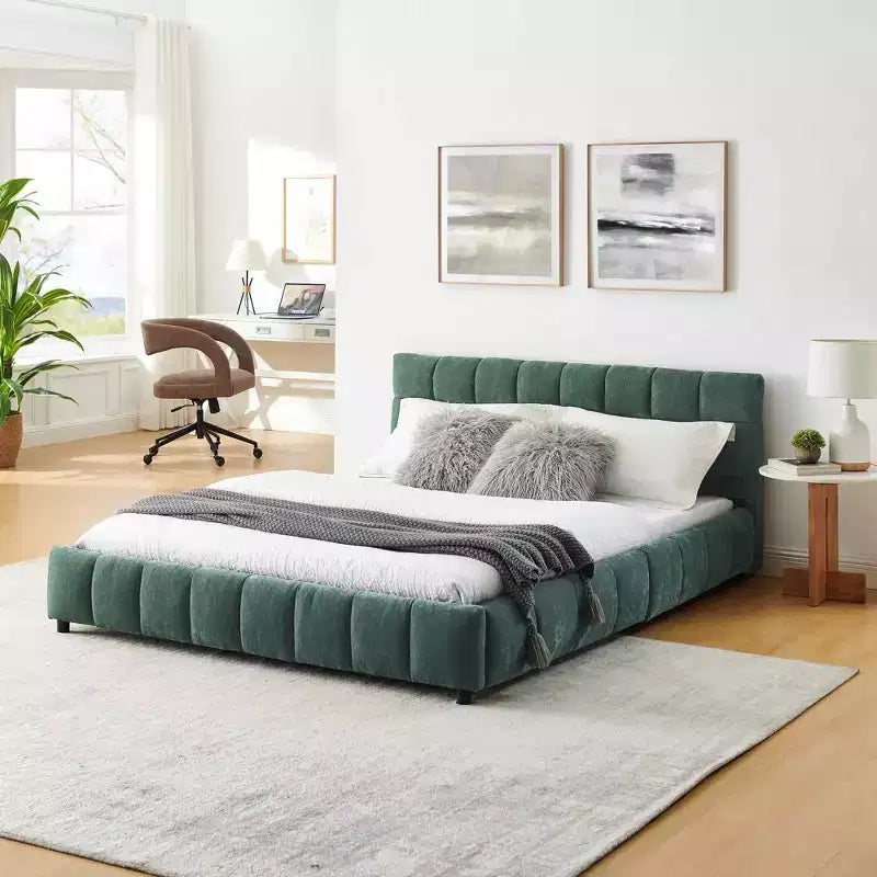 MAYEERTY Lit rembourré Queen Size avec tête de lit Tissu Chenille Cadre de lit solide Tiroir pour Chambre Bleu Vert