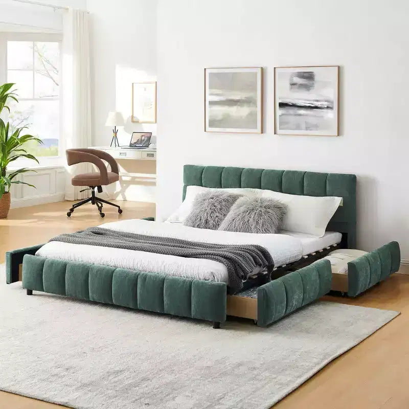 MAYEERTY Lit rembourré Queen Size avec tête de lit Tissu Chenille Cadre de lit solide Tiroir pour Chambre Bleu Vert