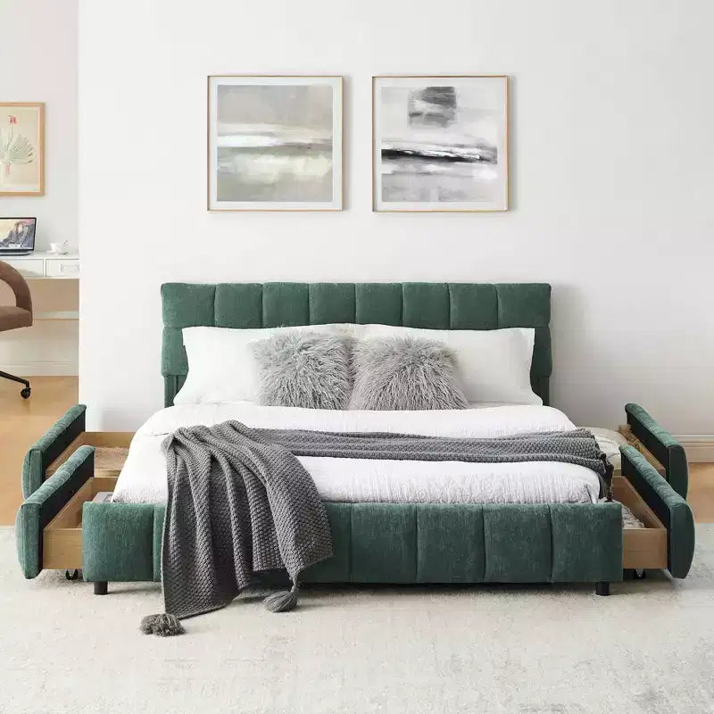 MAYEERTY Lit rembourré Queen Size avec tête de lit Tissu Chenille Cadre de lit solide Tiroir pour Chambre Bleu Vert