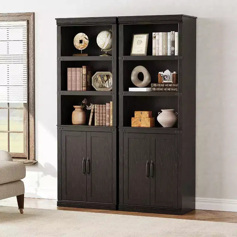Bibliothèque de ferme avec portes, étagère à 5 niveaux avec armoire, bibliothèque en bois de 174,5 cm de haut à 5 étagères pour salon, bureau à domicile, chambre à coucher.