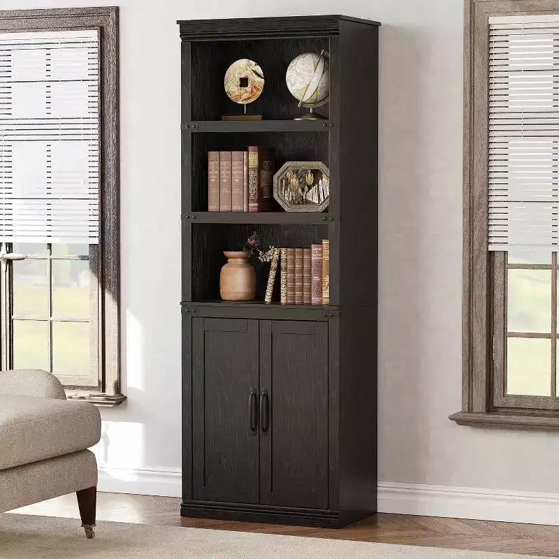 Bibliothèque de ferme avec portes, étagère à 5 niveaux avec armoire, bibliothèque en bois de 174,5 cm de haut à 5 étagères pour salon, bureau à domicile, chambre à coucher.