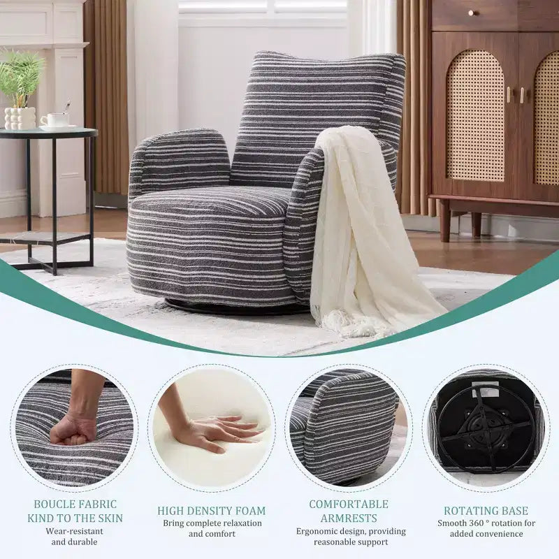 Fauteuil d'appoint pivotant moderne TUYOHW avec canapé simple de loisirs rembourré à rayures et accoudoirs à support métallique, fauteuil pivotant pour salon, chambre à coucher