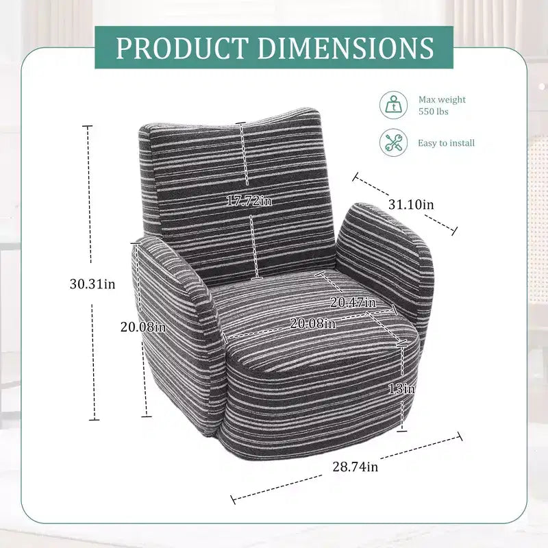 Fauteuil d'appoint pivotant moderne TUYOHW avec canapé simple de loisirs rembourré à rayures et accoudoirs à support métallique, fauteuil pivotant pour salon, chambre à coucher