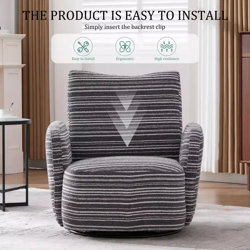 Fauteuil d'appoint pivotant moderne TUYOHW avec canapé simple de loisirs rembourré à rayures et accoudoirs à support métallique, fauteuil pivotant pour salon, chambre à coucher