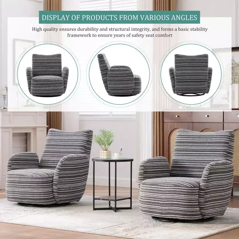 Fauteuil d'appoint pivotant moderne TUYOHW avec canapé simple de loisirs rembourré à rayures et accoudoirs à support métallique, fauteuil pivotant pour salon, chambre à coucher