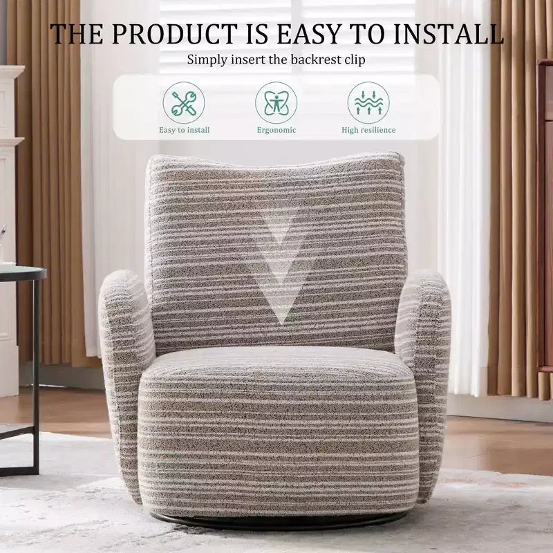 Fauteuil d'appoint pivotant moderne TUYOHW avec canapé simple de loisirs rembourré à rayures et accoudoirs à support métallique, fauteuil pivotant pour salon, chambre à coucher
