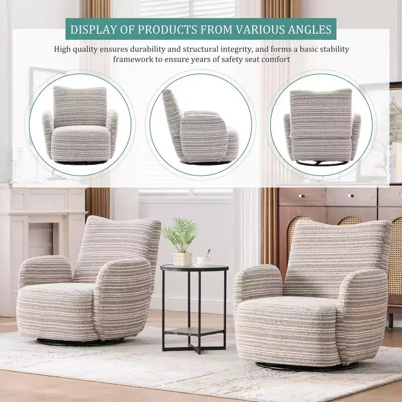 Fauteuil d'appoint pivotant moderne TUYOHW avec canapé simple de loisirs rembourré à rayures et accoudoirs à support métallique, fauteuil pivotant pour salon, chambre à coucher