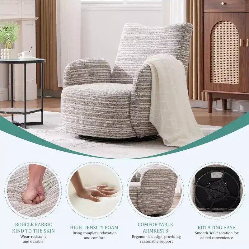 Fauteuil d'appoint pivotant moderne TUYOHW avec canapé simple de loisirs rembourré à rayures et accoudoirs à support métallique, fauteuil pivotant pour salon, chambre à coucher