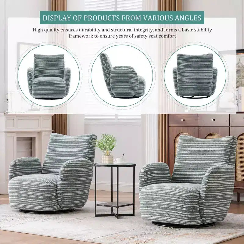 Fauteuil d'appoint pivotant moderne TUYOHW avec canapé simple de loisirs rembourré à rayures et accoudoirs à support métallique, fauteuil pivotant pour salon, chambre à coucher