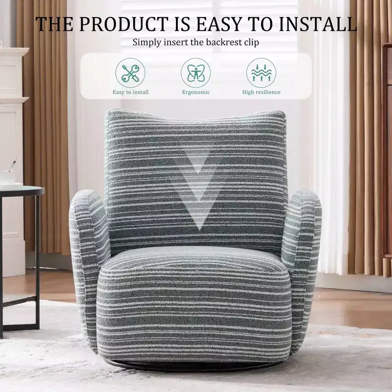 Fauteuil d'appoint pivotant moderne TUYOHW avec canapé simple de loisirs rembourré à rayures et accoudoirs à support métallique, fauteuil pivotant pour salon, chambre à coucher