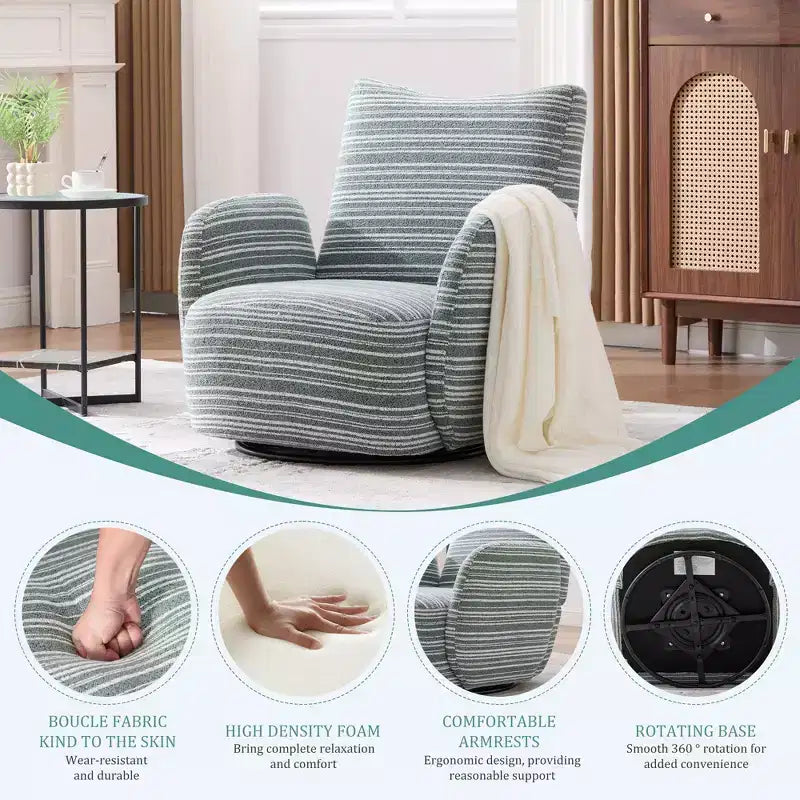Fauteuil d'appoint pivotant moderne TUYOHW avec canapé simple de loisirs rembourré à rayures et accoudoirs à support métallique, fauteuil pivotant pour salon, chambre à coucher
