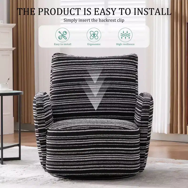 Fauteuil d'appoint pivotant moderne TUYOHW avec canapé simple de loisirs rembourré à rayures et accoudoirs à support métallique, fauteuil pivotant pour salon, chambre à coucher