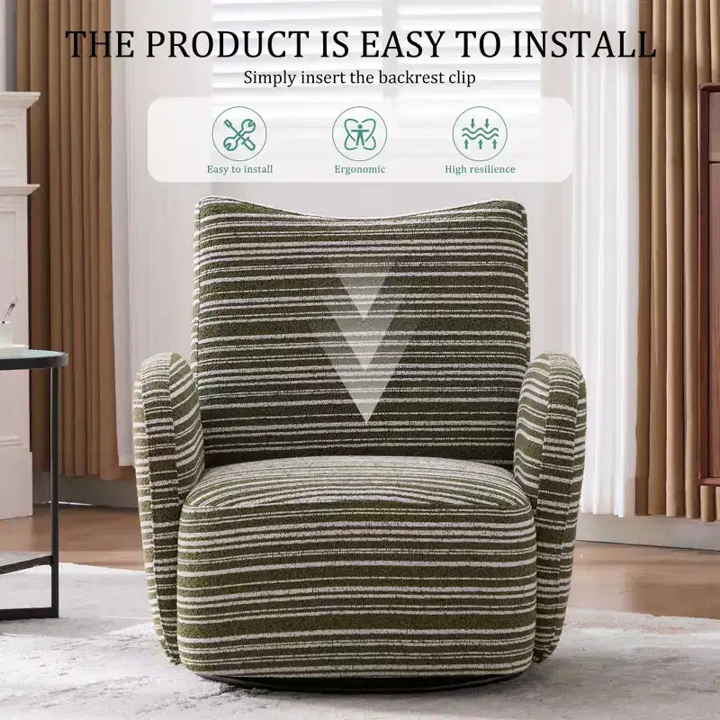 Fauteuil d'appoint pivotant moderne TUYOHW avec canapé simple de loisirs rembourré à rayures et accoudoirs à support métallique, fauteuil pivotant pour salon, chambre à coucher