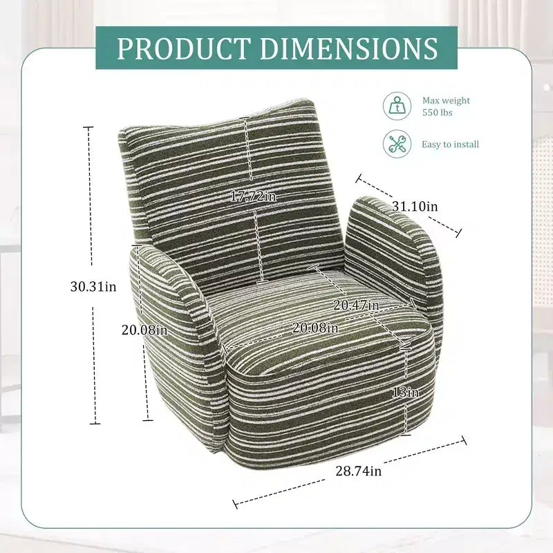 Fauteuil d'appoint pivotant moderne TUYOHW avec canapé simple de loisirs rembourré à rayures et accoudoirs à support métallique, fauteuil pivotant pour salon, chambre à coucher