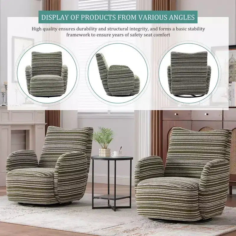 Fauteuil d'appoint pivotant moderne TUYOHW avec canapé simple de loisirs rembourré à rayures et accoudoirs à support métallique, fauteuil pivotant pour salon, chambre à coucher