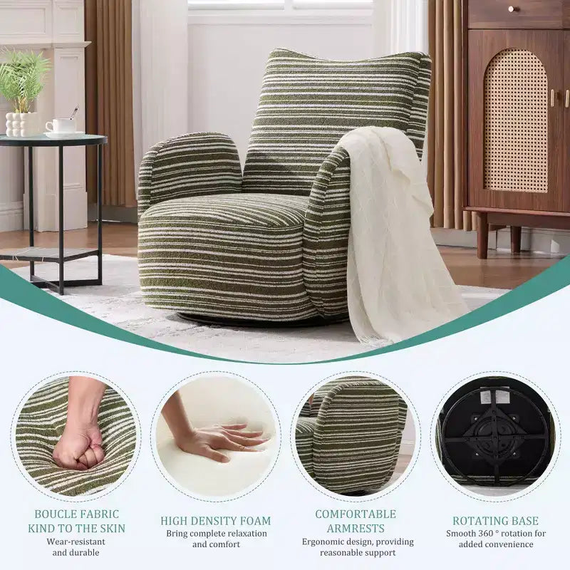 Fauteuil d'appoint pivotant moderne TUYOHW avec canapé simple de loisirs rembourré à rayures et accoudoirs à support métallique, fauteuil pivotant pour salon, chambre à coucher