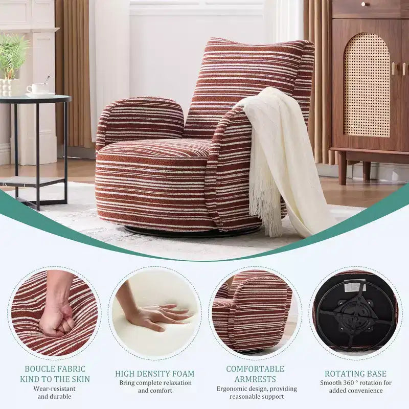 Fauteuil d'appoint pivotant moderne TUYOHW avec canapé simple de loisirs rembourré à rayures et accoudoirs à support métallique, fauteuil pivotant pour salon, chambre à coucher