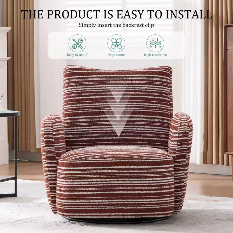 Fauteuil d'appoint pivotant moderne TUYOHW avec canapé simple de loisirs rembourré à rayures et accoudoirs à support métallique, fauteuil pivotant pour salon, chambre à coucher