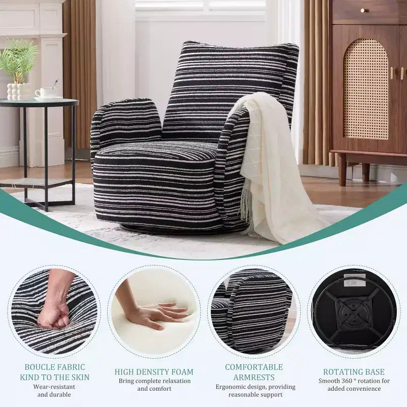 Fauteuil d'appoint pivotant moderne TUYOHW avec canapé simple de loisirs rembourré à rayures et accoudoirs à support métallique, fauteuil pivotant pour salon, chambre à coucher