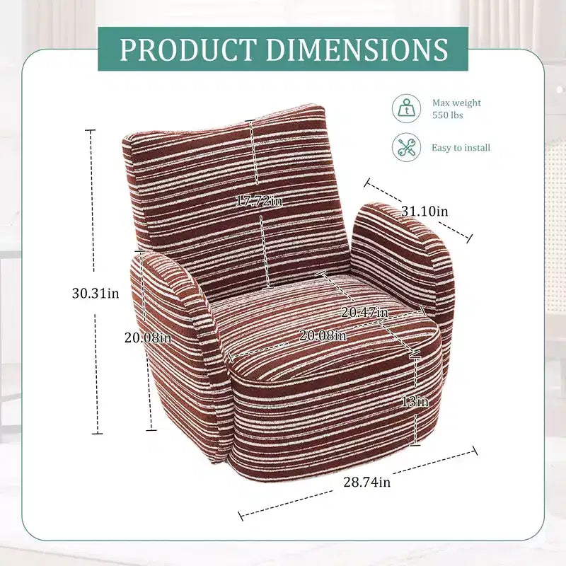 Fauteuil d'appoint pivotant moderne TUYOHW avec canapé simple de loisirs rembourré à rayures et accoudoirs à support métallique, fauteuil pivotant pour salon, chambre à coucher